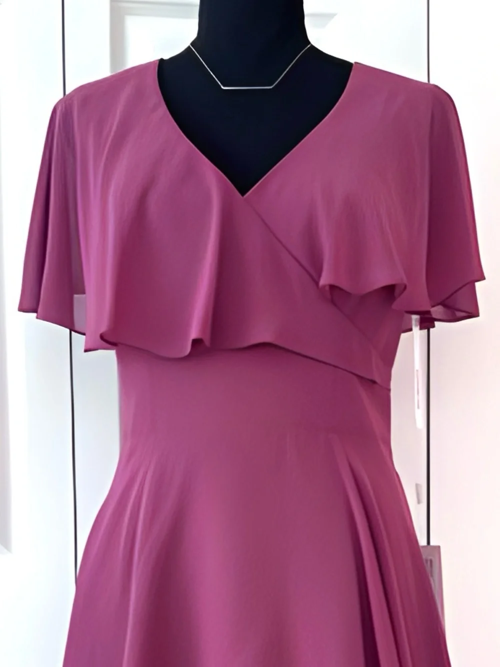 Billowy High-Low layered dress w/flutter sleeves partially lined burgundy color